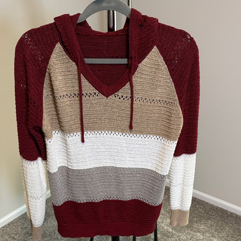 Striped Knit Hoodie Sweater - Burgundy, Tan, White, Gray